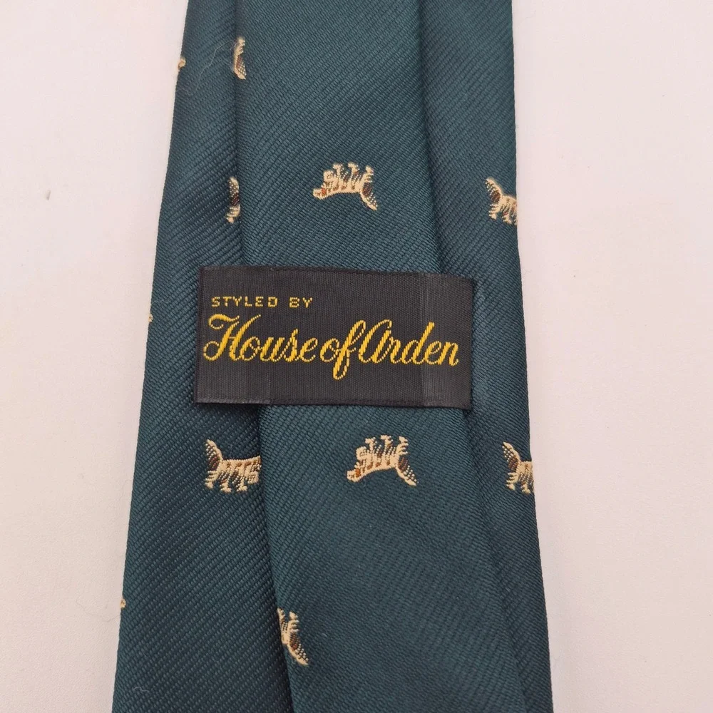 House of Arden Men Dark Teal Silk Blend Spaniel Dog Animal Print Necktie